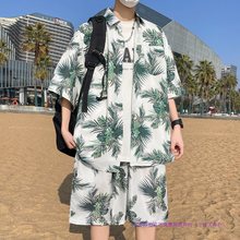 冰丝短袖衬衫套装男夏季潮牌宽松印花衬衣男夏威夷沙滩短裤两件套