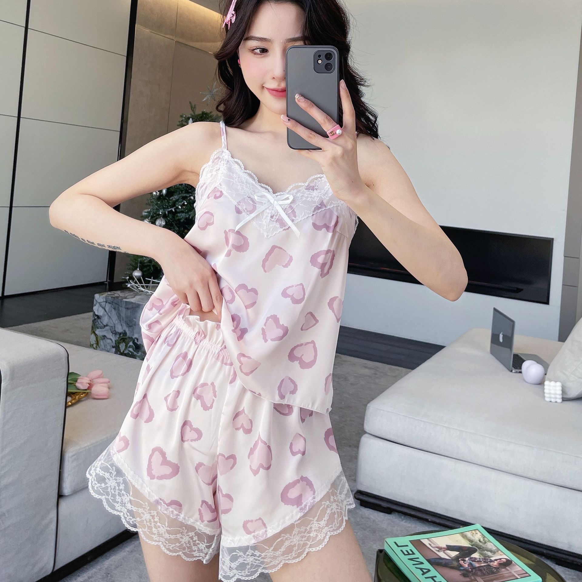 ice silk pajamas women‘s summer girl pure desire suspender shorts homewear suit pajamas women pink sexy home wear