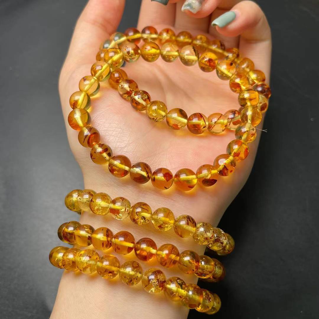 琥珀花珀手链 琥珀单圈圆珠男女款手串 净水琥珀108佛珠