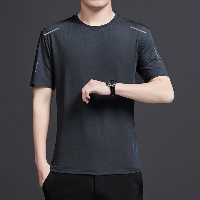 Summer Breathable Quick-Drying Solid Color Sports Casual Printed round Neck Men's plus Size T-shirt Ice Silk Short Sleeve T-shirt Men