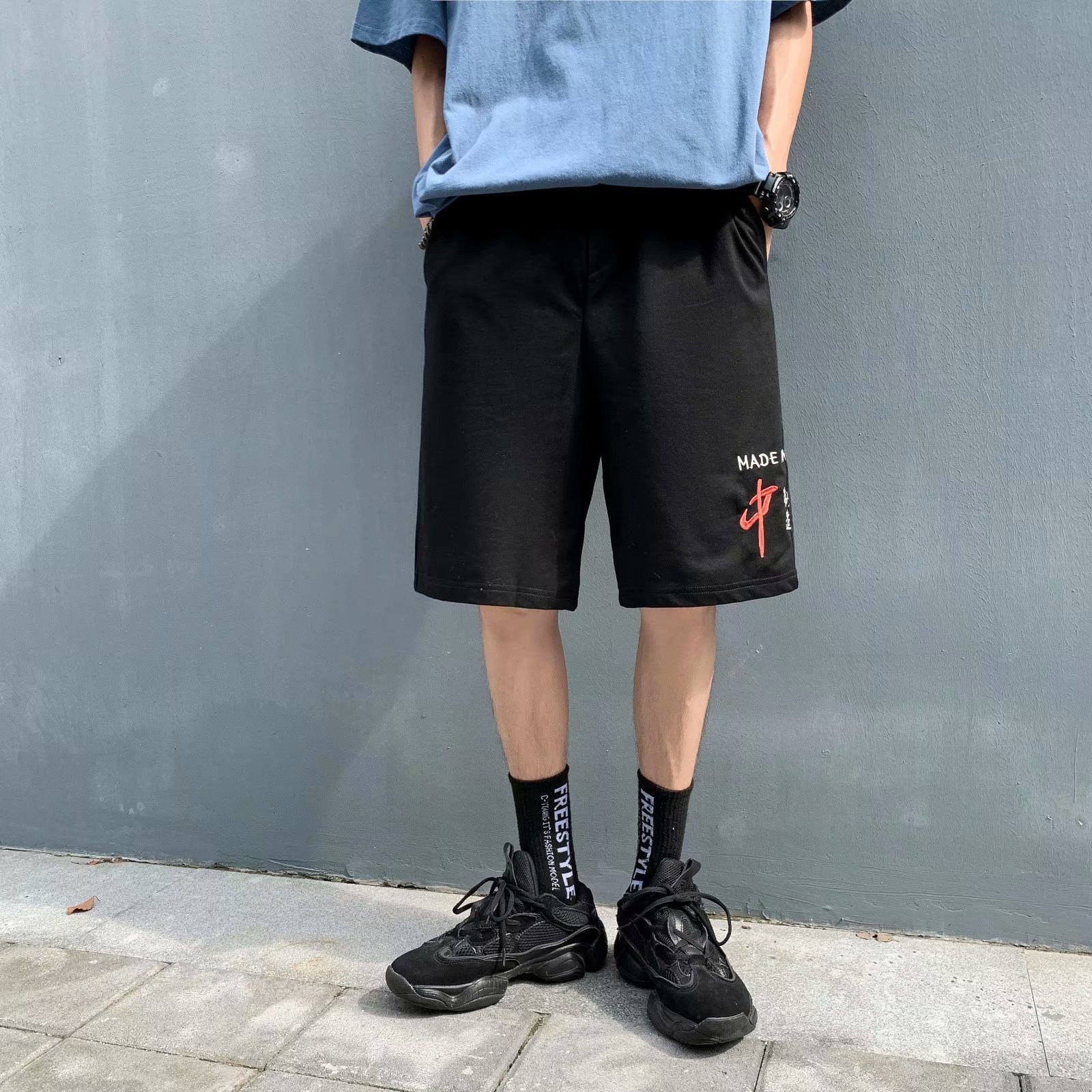 复古港风国潮宽松运动过膝短裤男潮ins夏天直筒五分裤学生休闲5分