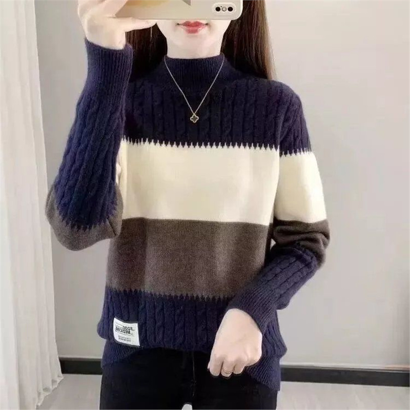 半高领洋气女装毛衣2023秋冬新款上衣宽松加厚拼色针织冬季打底衫