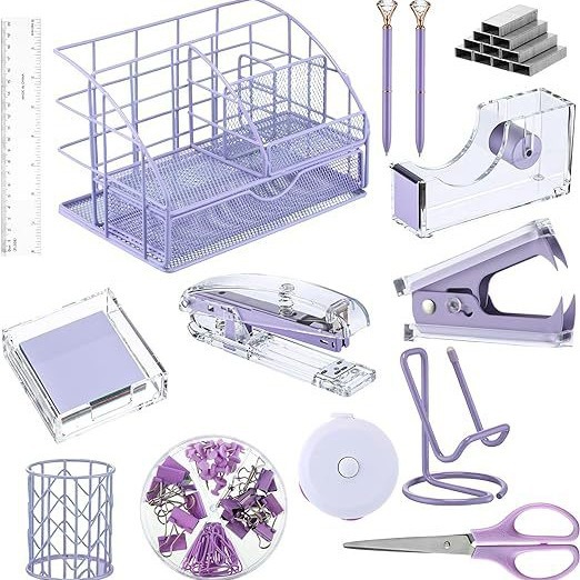 Cross-Border Direct Supply Purple Desktop Accessories Set Metal Storage Rack Stapler Tape Seat Nail Puller Cross-Border Set