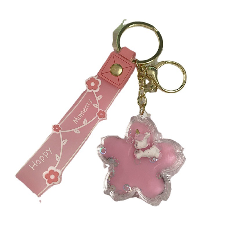 Cherry Blossom Oil Unicorn Keychain Liquid Quicksand Floating Key Chain Ring Net Red Cute Exquisite Pendant Wholesale