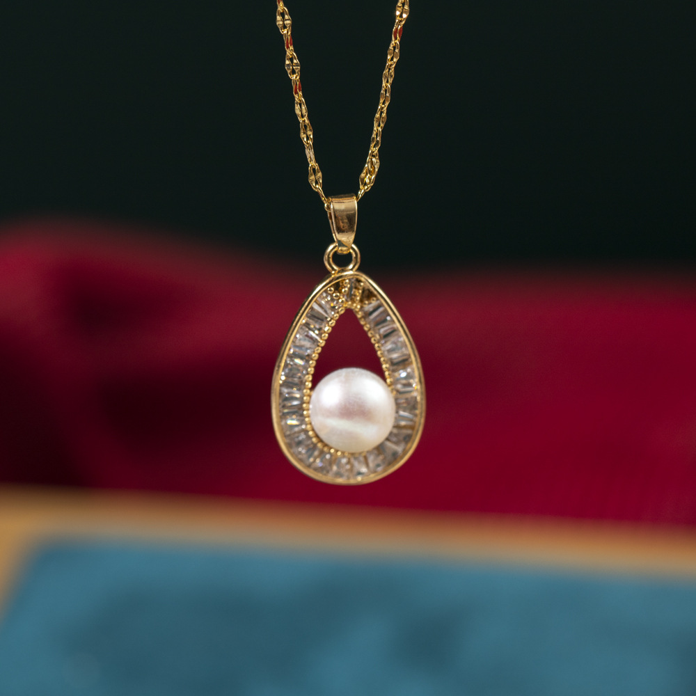 5成交105条原创设计 天然珍珠项链水滴四叶草吊坠微镶镀18k真金复古风