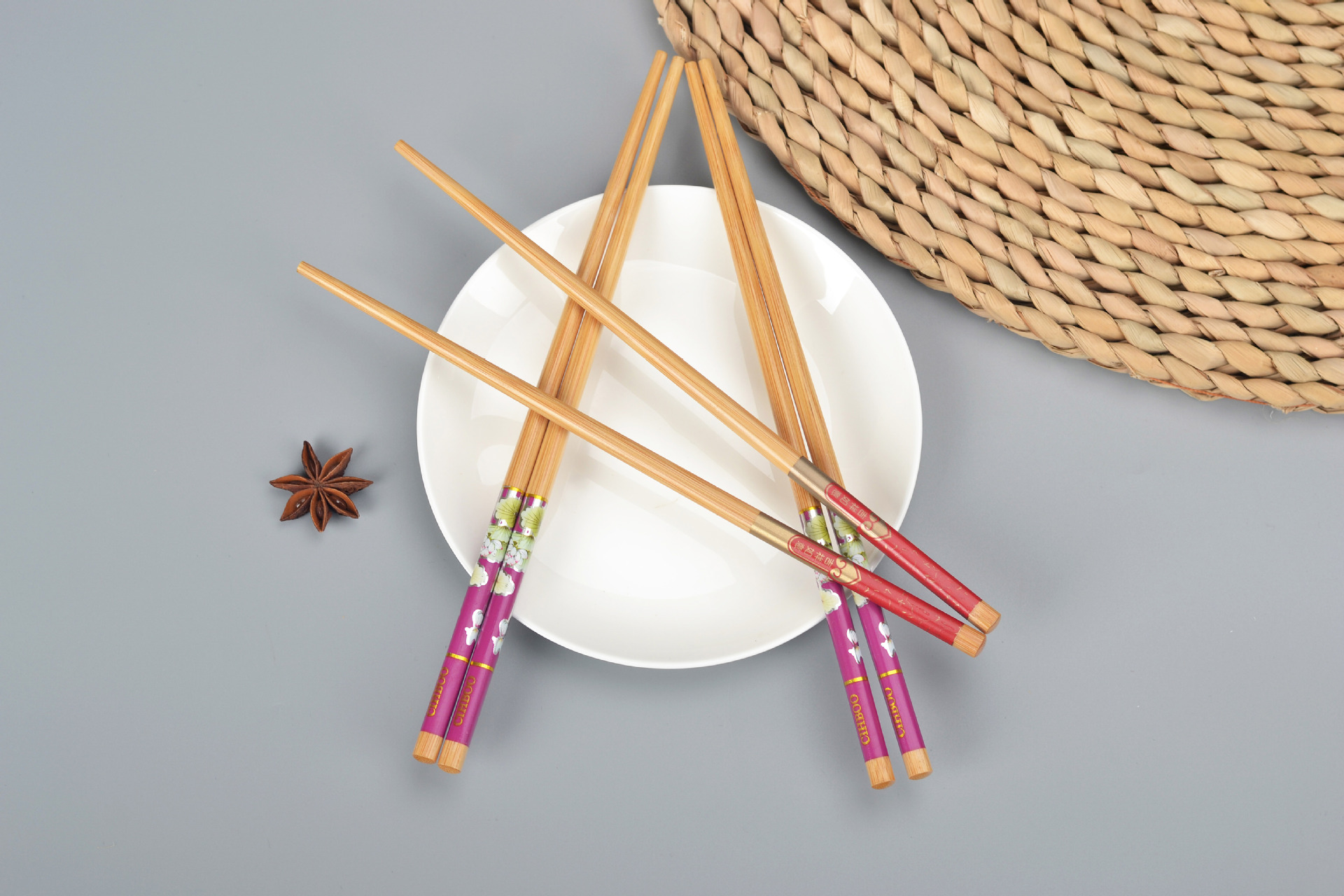 厂家批发竹筷子24cm碳化上漆印花筷翠花图案吉祥如意筷家用酒店筷