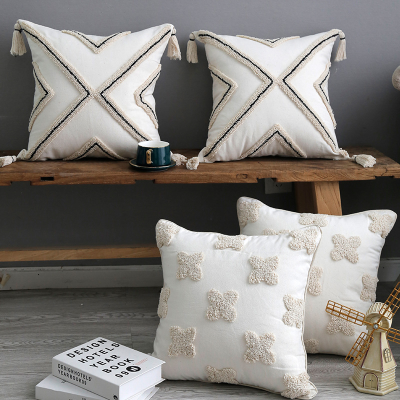 Nordic Cushion Sofa Living Room Cotton Pillow Case Tufted Embroidery Throw Pillowcase Tufted Morocco T/C Cushion Pillow Cover