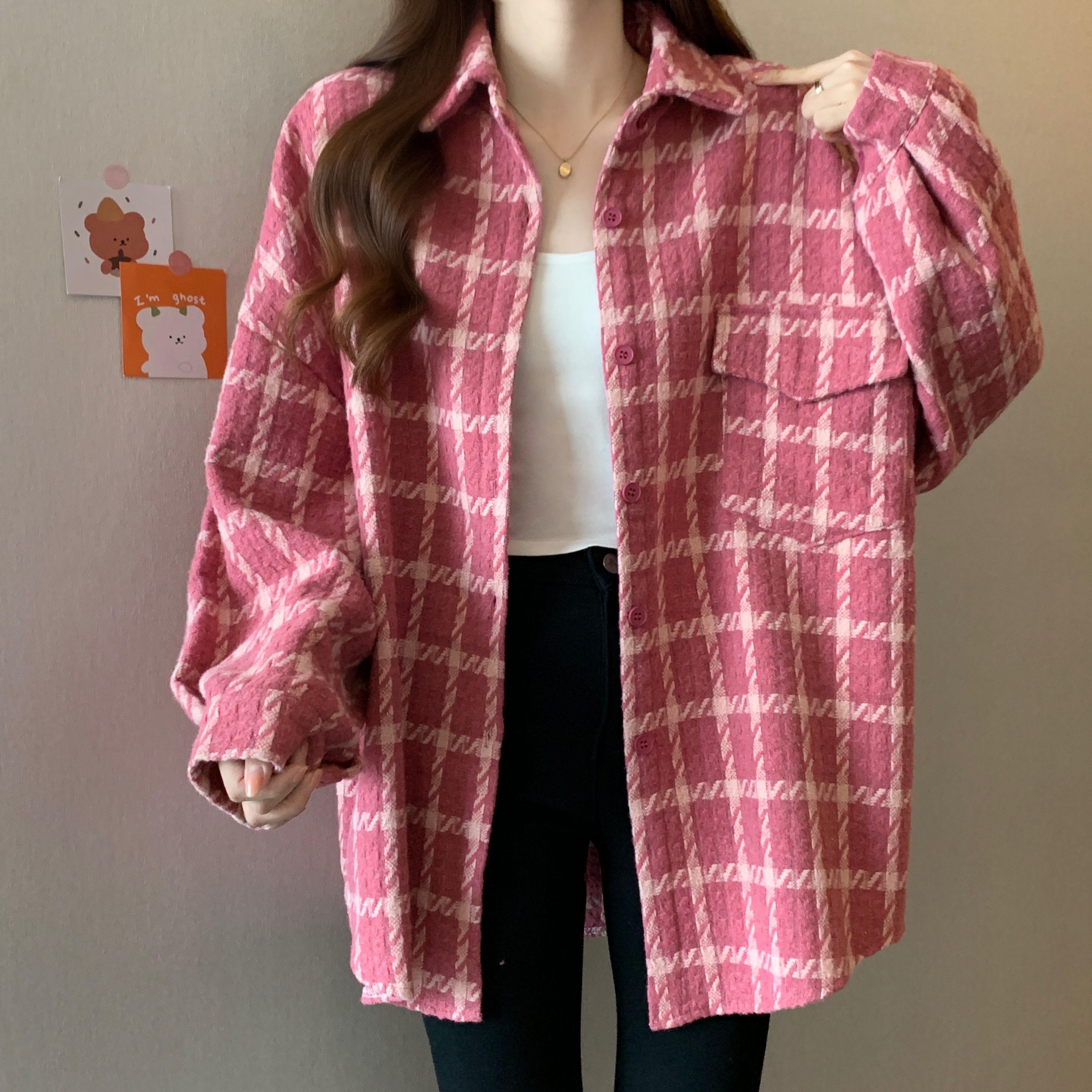 外套2024春秋新款大码女装胖mm中长款chic格子多巴胺毛呢粉色上衣