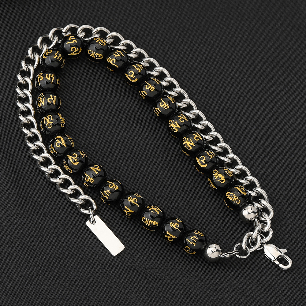 简约佛珠项链男士个性嘻哈项链潮六字真言佛珠项链情侣短款锁骨链