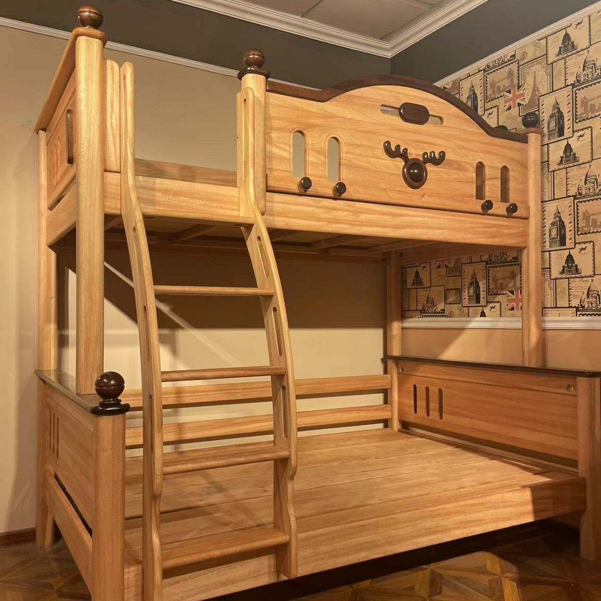 全实木红檀木双层床子母床儿童高低床美式上下铺功能包邮安装分体