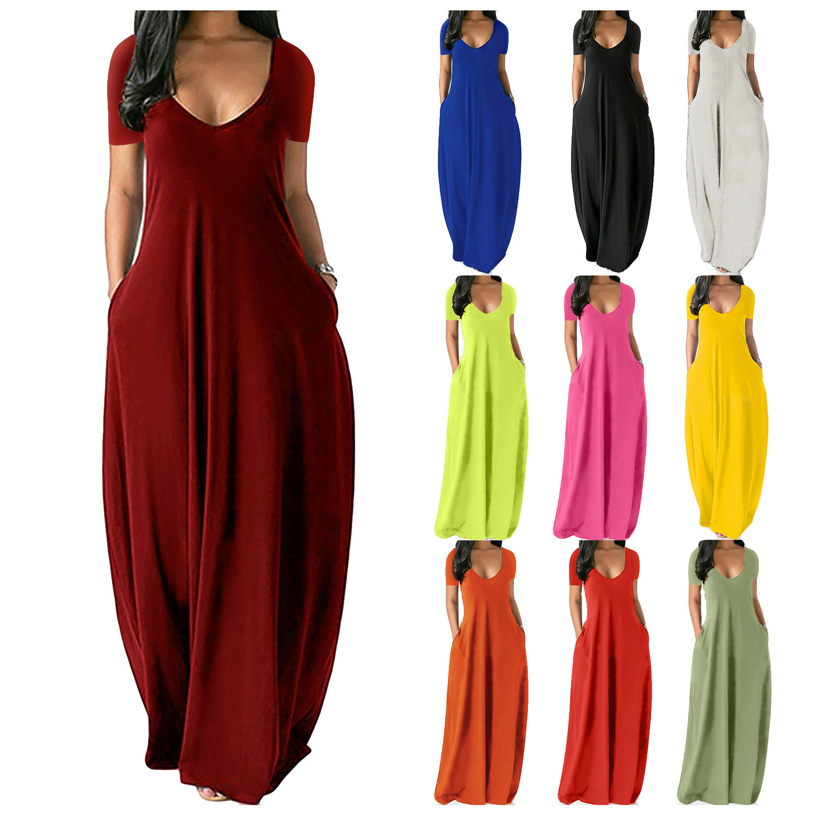 2023 European American Summer New Amazon Hot Sale plus Size Women's Solid Color Sexy Deep V Short Sleeve Maxi Dress with Pockets