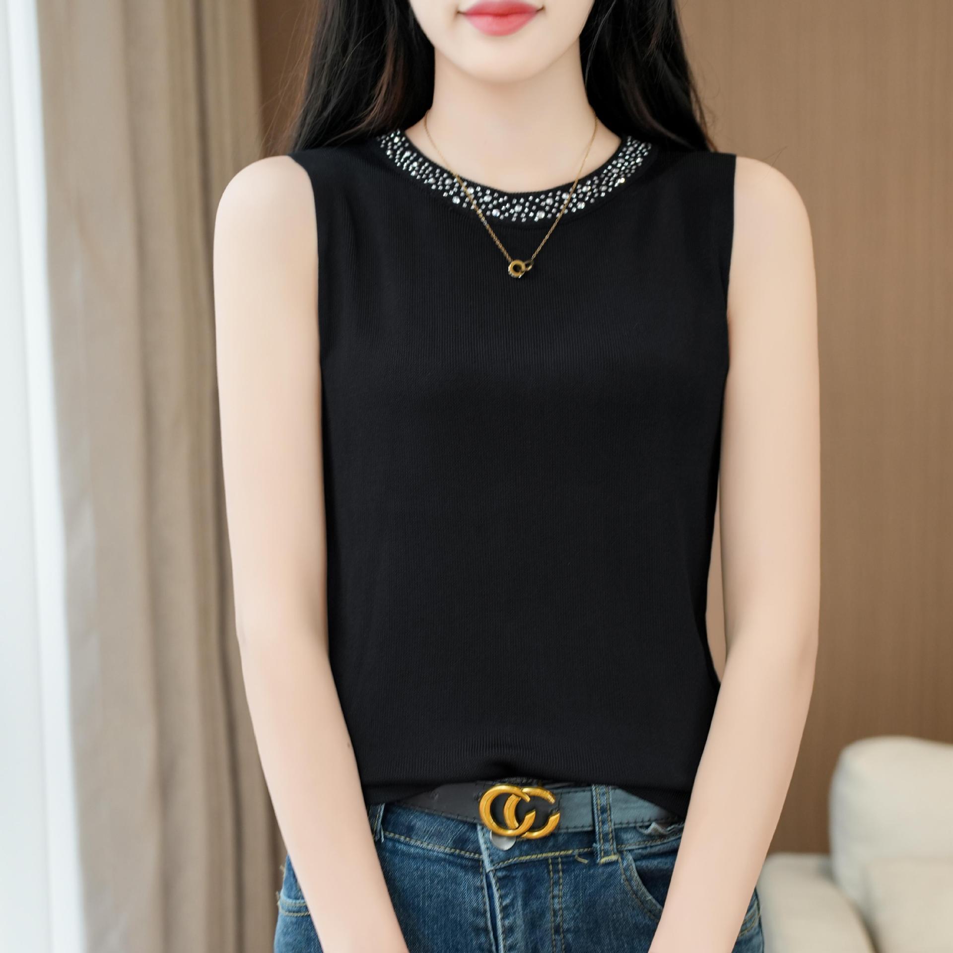 气质镶钻女背心打底春季新款西装内搭圆领黑色背心无袖打底衫