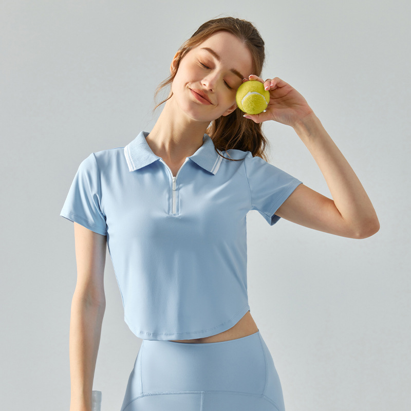 撞色半拉链运动短袖polo衫女健身上衣 羽毛球瑜伽服跑步t恤-阿里巴巴