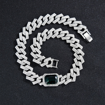 欧美新品嘻哈项链个性简约风合金镶钻祖母绿菱形古巴链跨境专供