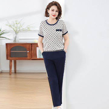 妈妈夏装时尚短袖套装休闲运动服卫衣中老年女夏天圆领大码两件套