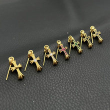 复古22K金色镶钻十字架耳钉男女嘻哈个性耳环经典款满钻气质小众
