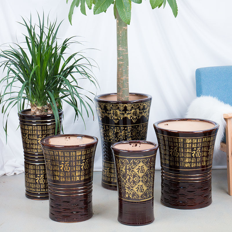福字特大号高筒种树花盆陶瓷大号简约高筒落地客厅庭院兰花盆欧式