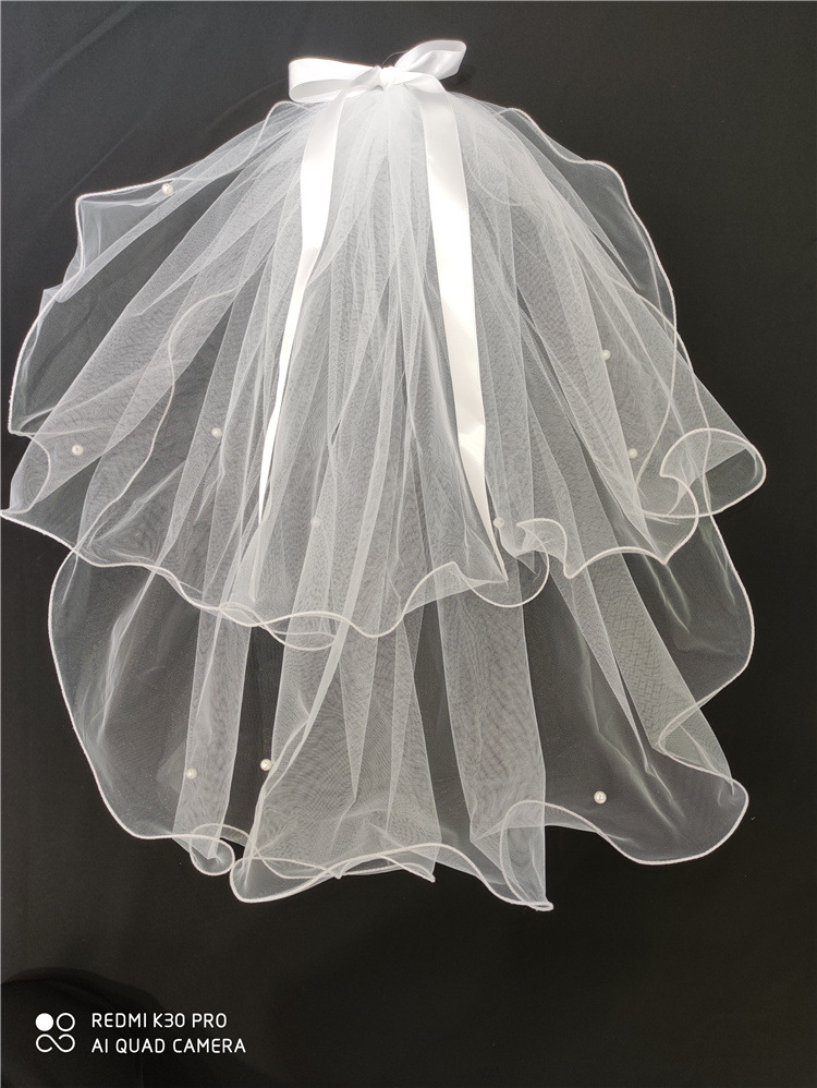 新娘头纱森系韩版珍珠头纱影楼旅拍造型蓬蓬纱