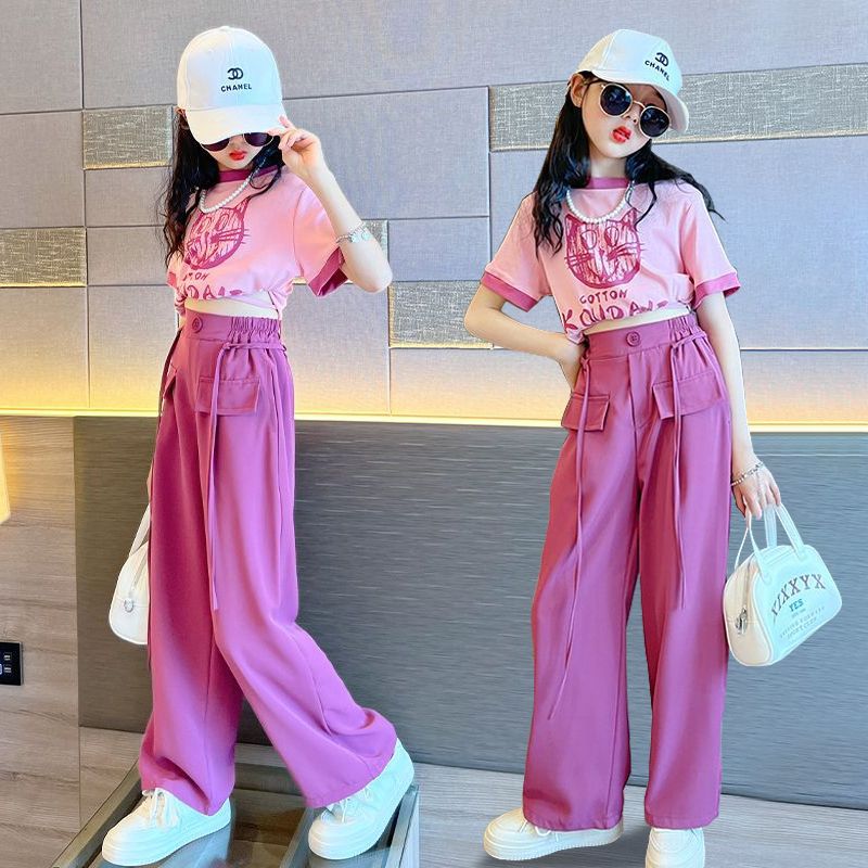 女大童夏装2024新款洋气3-15岁女童短款上衣宽松西裤两件套装