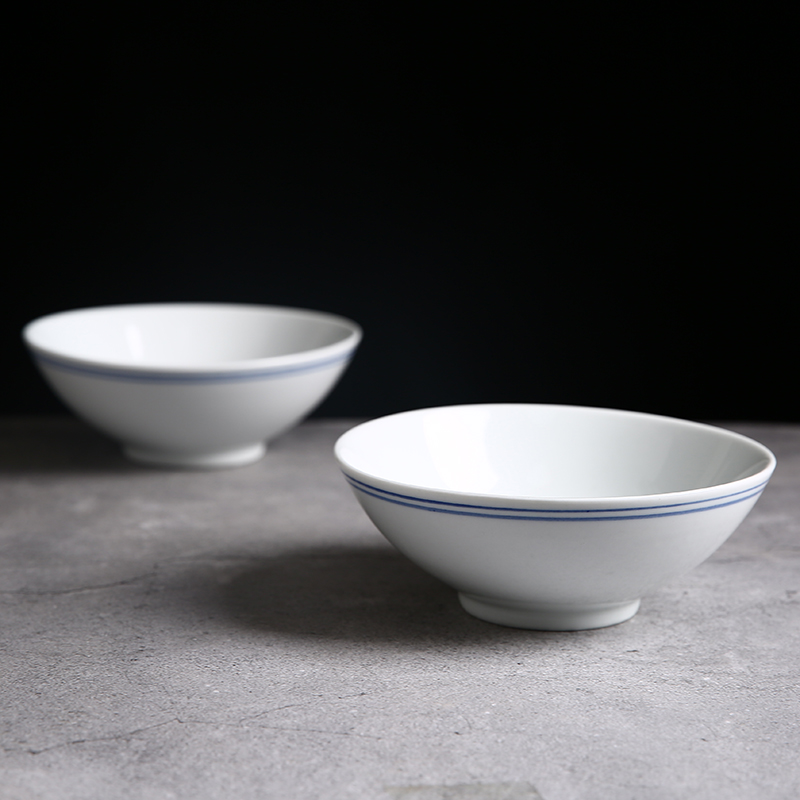 批发蓝边碗定 制碗英寸复古老式陶瓷碗商用刻字粥碗豆浆碗餐具印