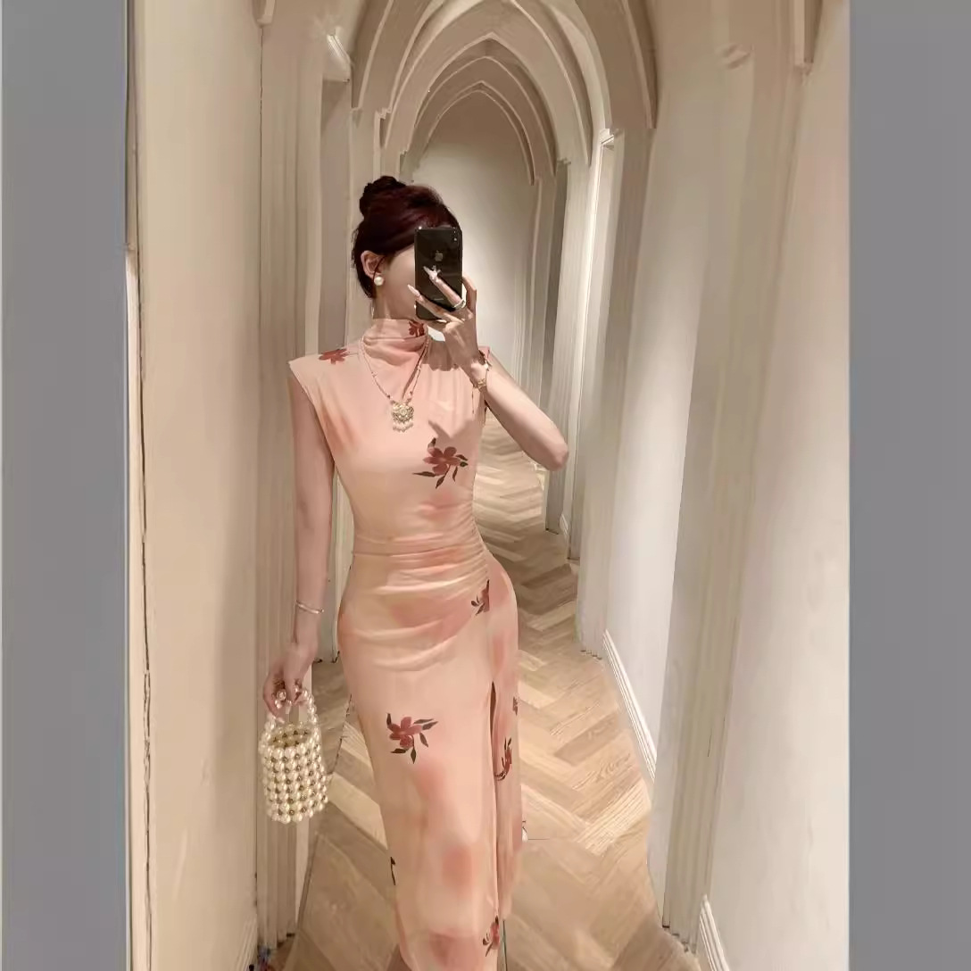 韩国chic夏季复古纯欲超修身显瘦女人味改良旗袍半高领印花连衣裙