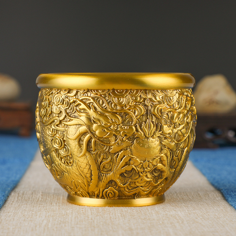 铜缸龙纹缸招财进宝缸办公居家风水铜摆件铜烟灰缸铜招财缸聚宝盆