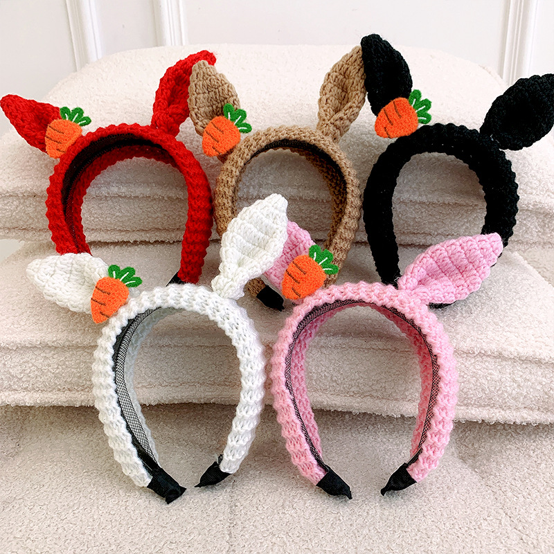 兔年新年头饰针织毛线宽边兔耳朵胡萝卜发箍洗脸束发文艺表演发饰