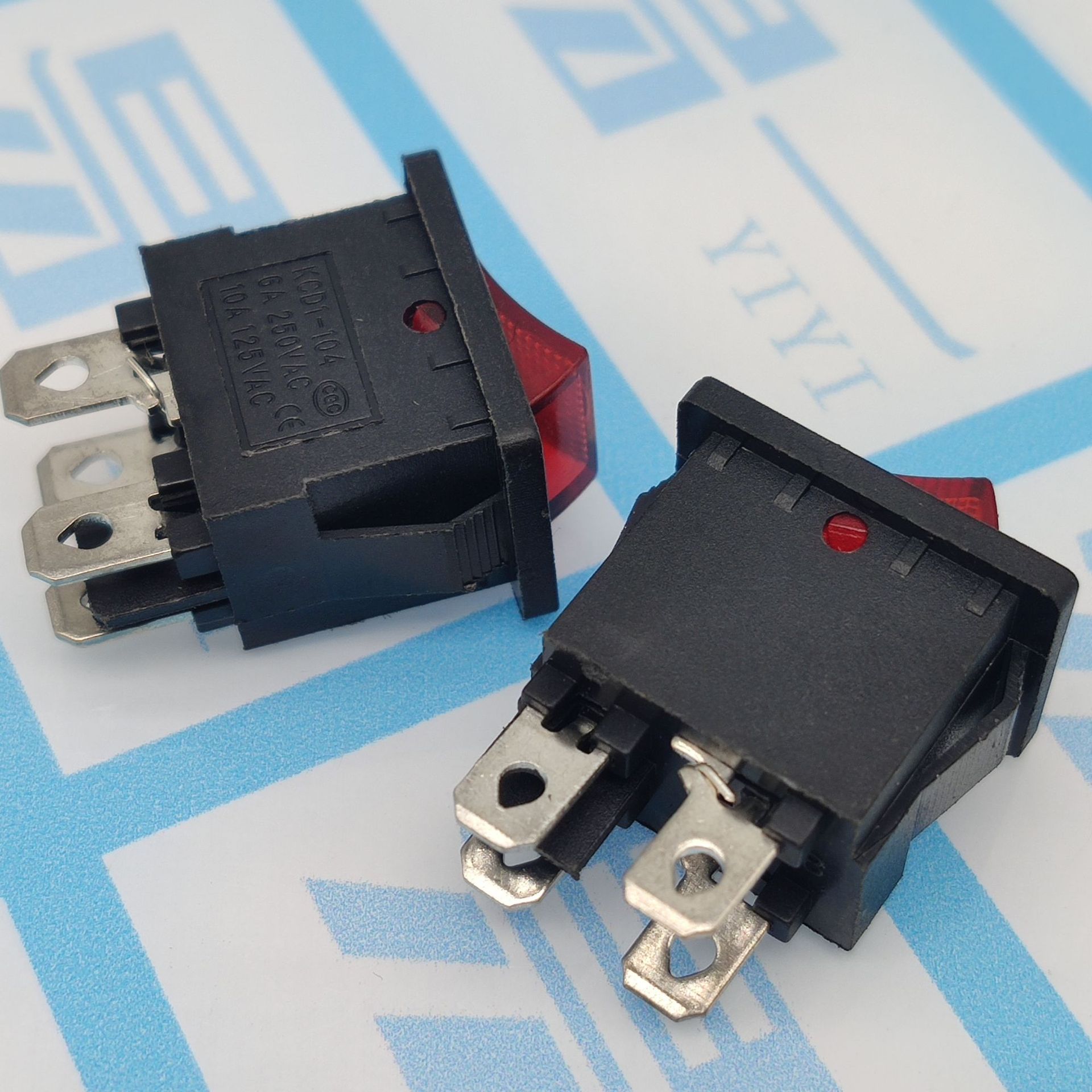 船型开关四脚电源开关小型翘板船形开关kcd1-104n红绿4脚2档带灯