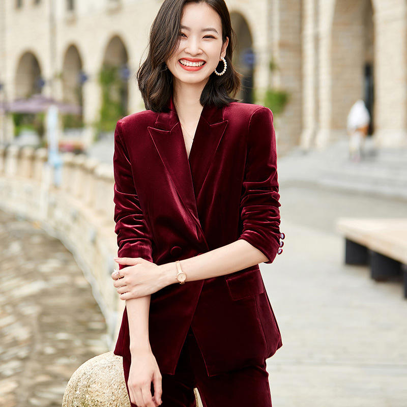 金丝绒西装套装女时尚职业装气质女神范职场总裁主持人西服20128