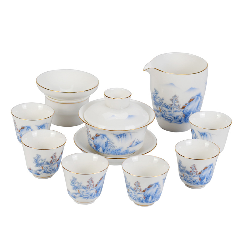 High-End White Jade White Porcelain Sets Kung Fu Tea Set Gold Gaiwan Set Company Gifts Can Add Logo Present for Client