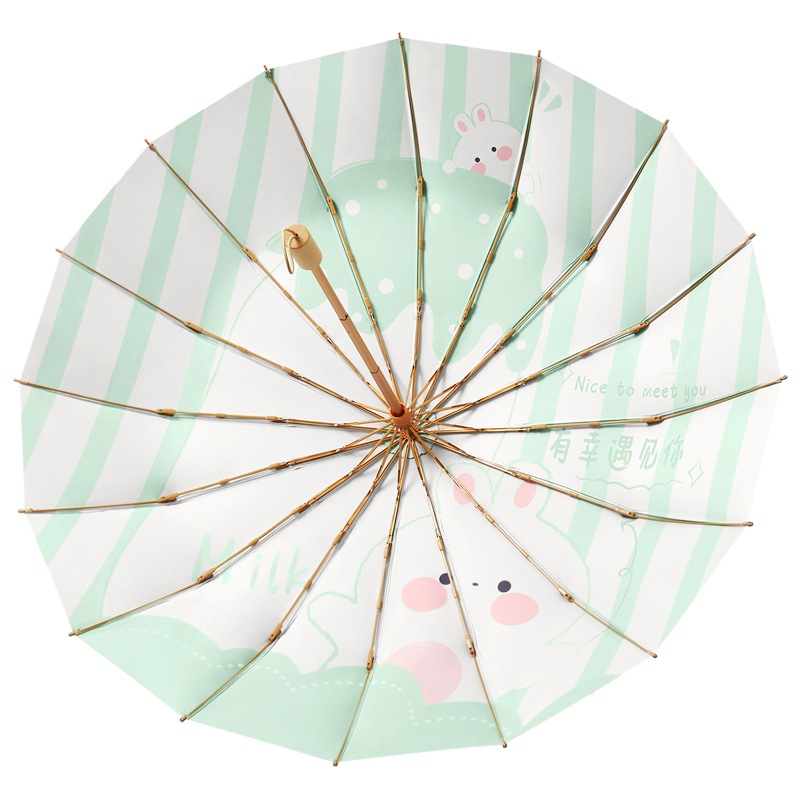 New Wooden Handle 16 Bones Color Plastic Sun Umbrella Vinyl Sun Protective UV Protection Sun Umbrella Small Fresh Ladies Sun Umbrella