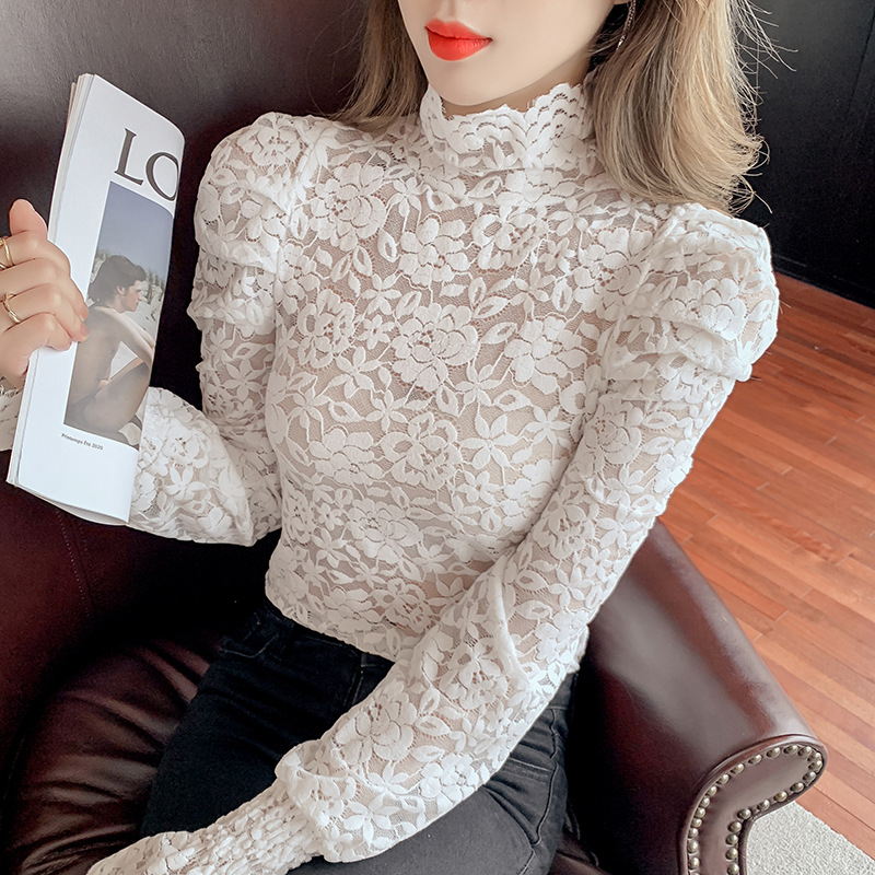 高领蕾丝打底内搭小衫女2021日韩新款修身性感网纱镂空喇叭袖上衣