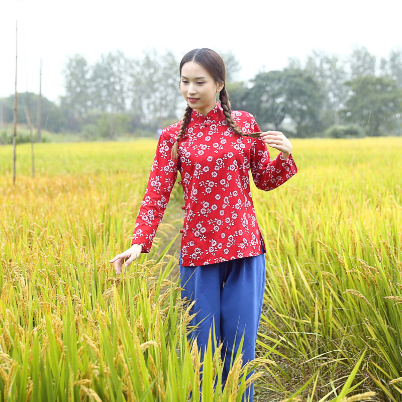 民族演出服阿庆嫂村姑服茶女表演服碎花乡村风舞台服秧歌民国服装