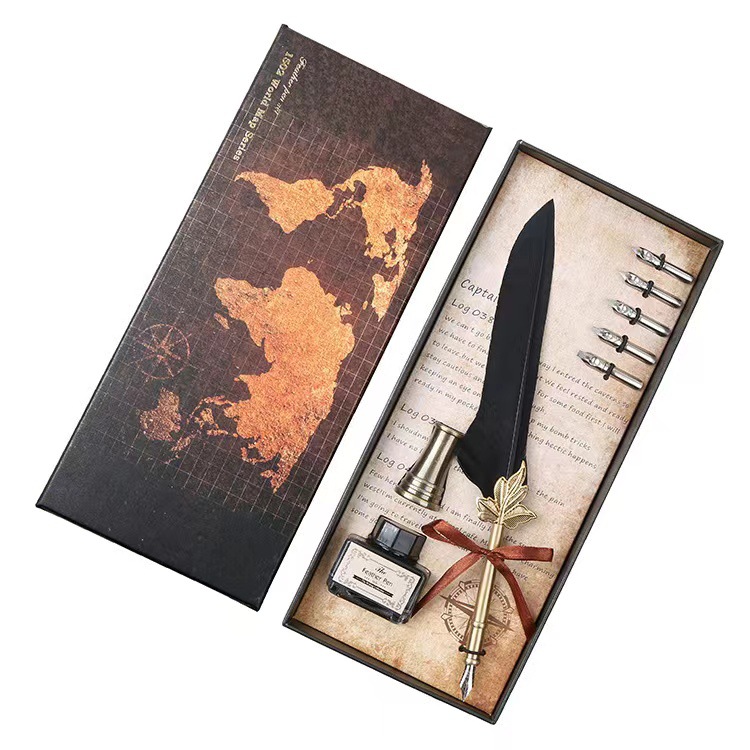 European Retro British Feather Pen Dipped in Water Pen Birthday Gift Box Creative Golden Leaf Modeling Ink Writing Brush Set