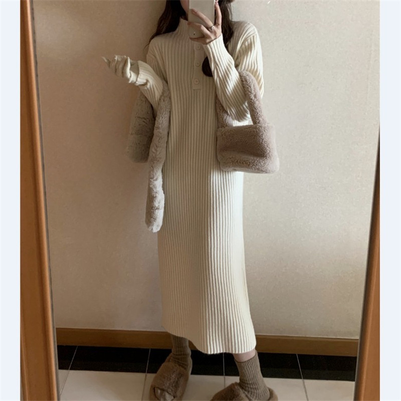 Korean Style Stand-up Collar Thick Sunken Stripe Inner Knitted Dress for Women 2023 Autumn and Winter Warm Mid-Length Pullover Woolen Skirt