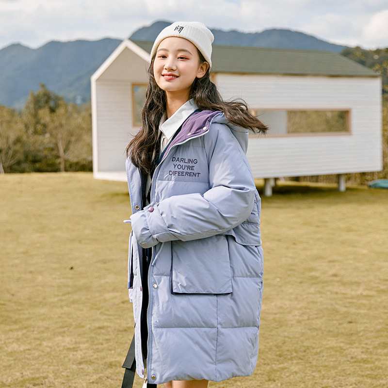 高中生羽绒服少女初中学生冬装大童外套纯色中派克服鸭绒2107266