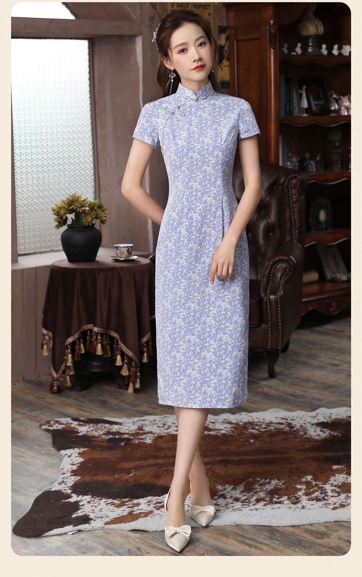 秀观唐雪紫2021夏季新款雪纺小碎花改良伴娘服年轻中国风旗袍裙