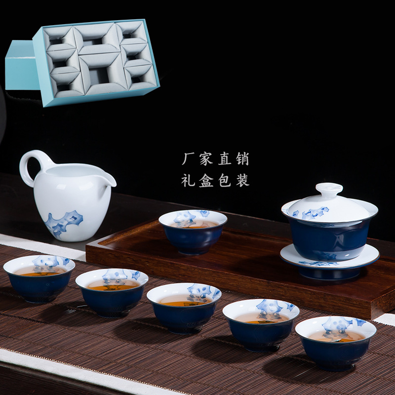 Jingdezhen Kung Fu Tea Set Hand-Painted High White Clay Tea Cup Gaiwan Pitcher Office Home Teaware Gifts Wholesale