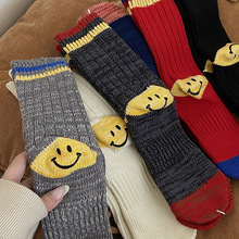 日系潮牌后脚跟笑脸袜子男女ins潮秋冬季保暖个性粗线中筒堆堆袜