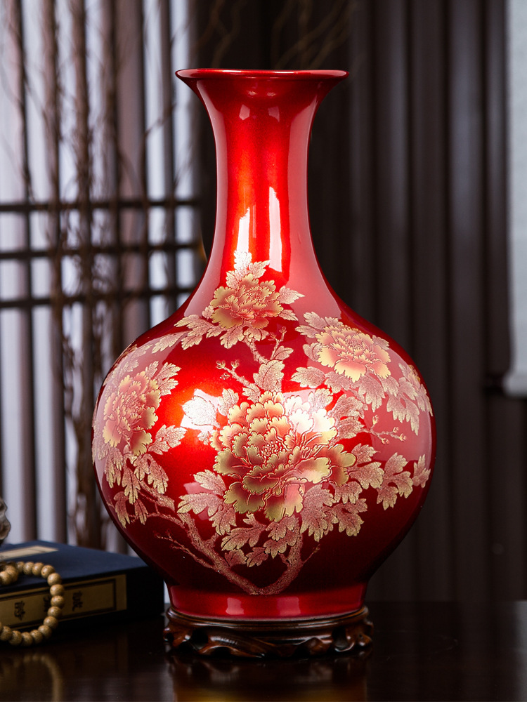 景德镇陶花瓶摆件中国红色擦花现代中式家居客厅电视柜装饰品