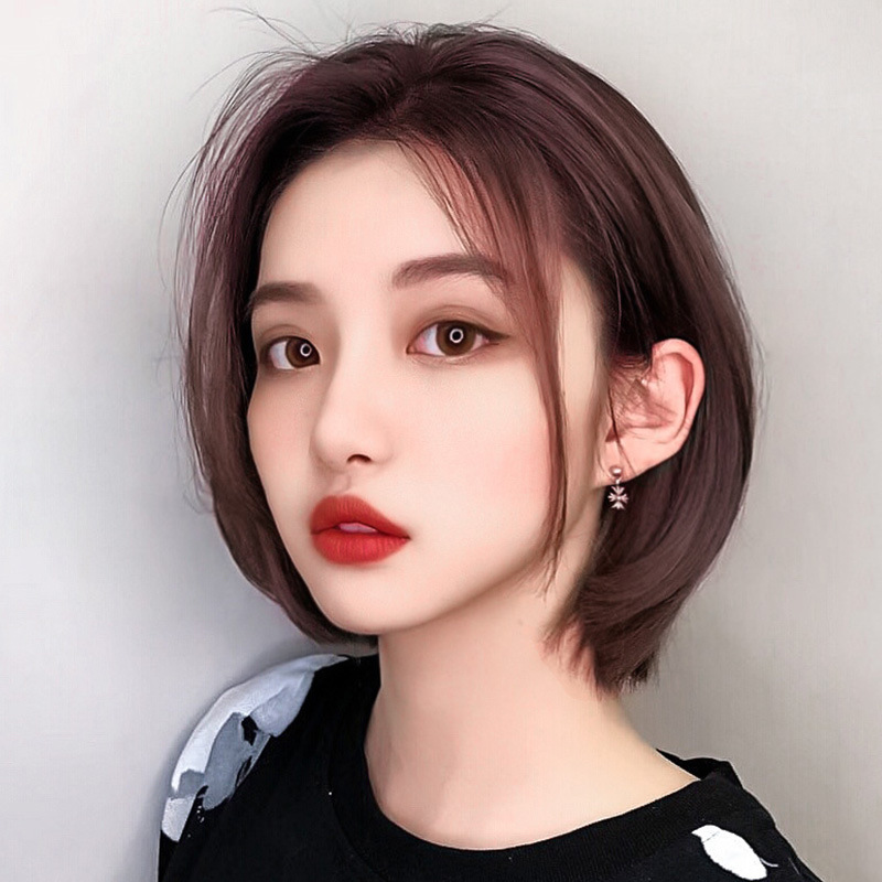 假发女短发真人发丝气质偏分波波头中分自然锁骨发全头套式假发套