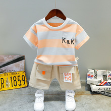 夏季2024年韩版男童女童KK条纹0-4岁短袖外贸两件套儿童套装批发