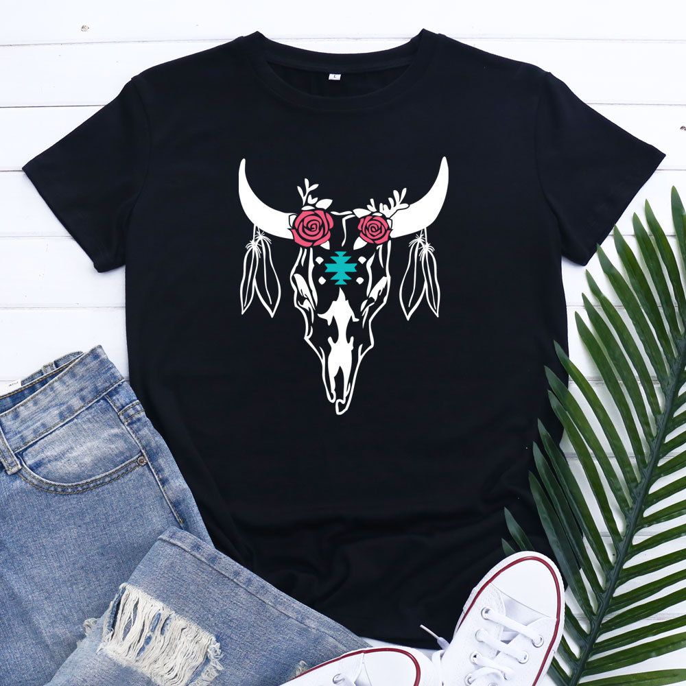 现货ebay亚马逊 跨境外贸欧美女装牛头印花休闲短袖t恤女打底衫