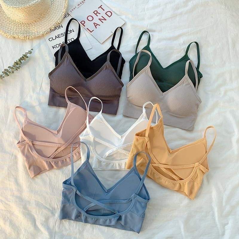 cross strap large u backless crop-top bandeau wireless bra girl with chest pad base backless bra ladies