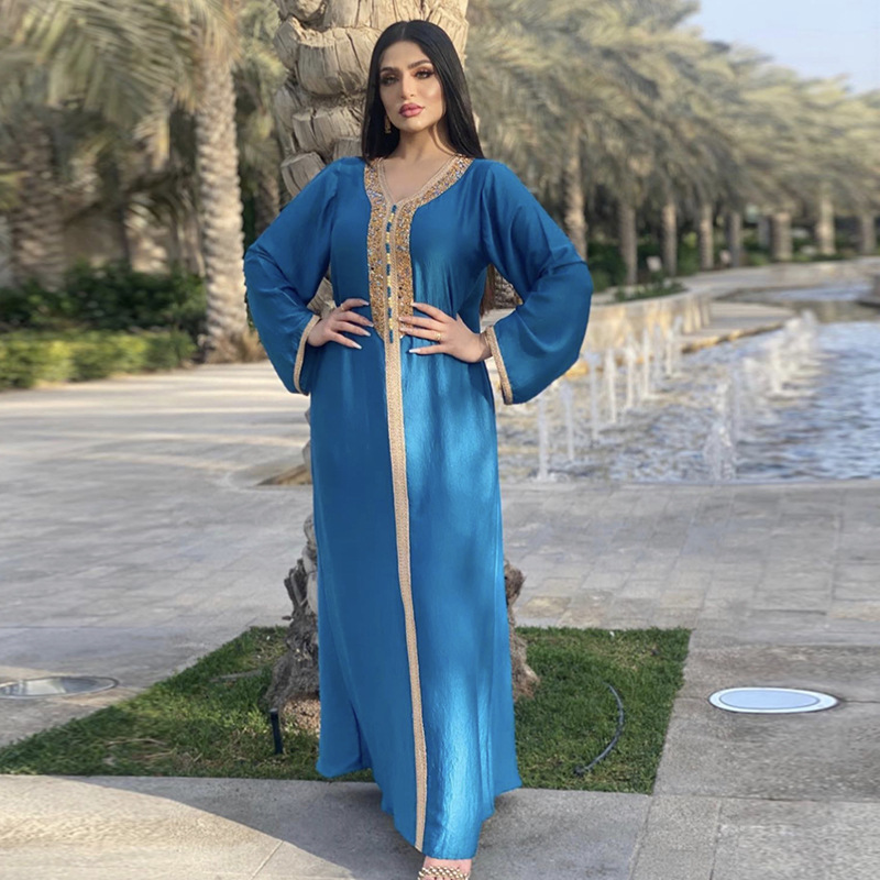 Ab073 Middle East Cross-Border Women's Clothing Dress Hot Drilling Ribbon Lace Abaya Dubai Muslim Fashion Robe