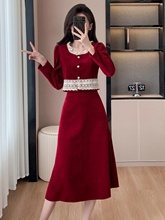 法式小香风连衣裙套装女冬季新款高级感红色订婚礼服裙两件套