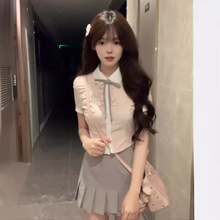 韩系套装夏季学院风粉色衬衫百褶裙J制服裙两件套女时尚潮流
