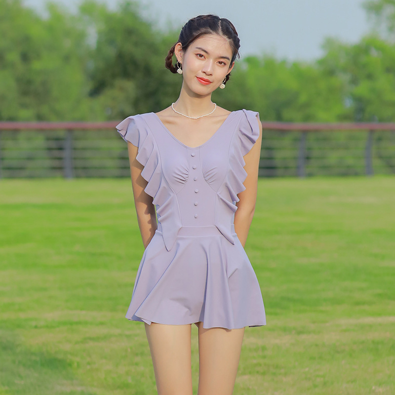 2020新款韩国ins泳装三角连体短裙式飞袖纽扣少女清新保守泳衣女