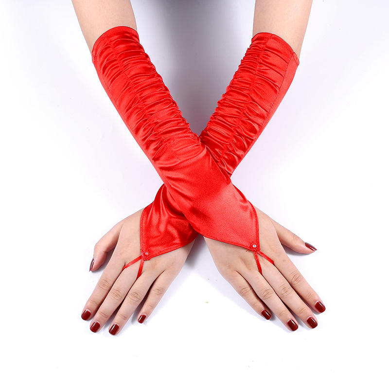 女士缎面婚庆手套红色女士婚礼缎面长款手套均码新娘装饰手套