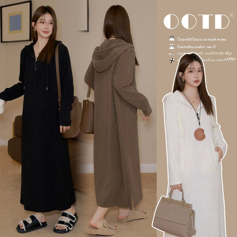 孕妇秋冬装 宽松大码加厚针织连帽卫衣裙2025新款